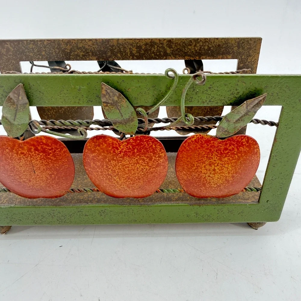 Metal Napkin Holder VTG 80 90 Red Apple Rustic Farmhouse Decor 2 5/8